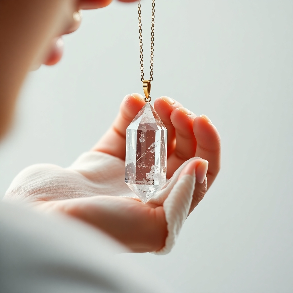 A photorealistic image depicting a person gently cleaning a beautiful crystal pendant with a soft cloth. The crystal should be showcased prominently, displaying its intricate details and sparkling clarity.  The background should be clean and simple, highlighting the careful cleaning process. The image should evoke a sense of care and respect for the crystal's energy.