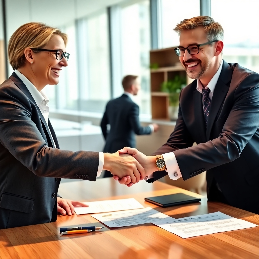 A photorealistic image depicting a successful real estate closing. A smiling real estate agent is shaking hands with a happy client in a modern, well-lit office setting.  Legal documents are visible on the table, suggesting the successful completion of a transaction. The image should focus on the positive and collaborative interaction between the agent and client, conveying trust and success.