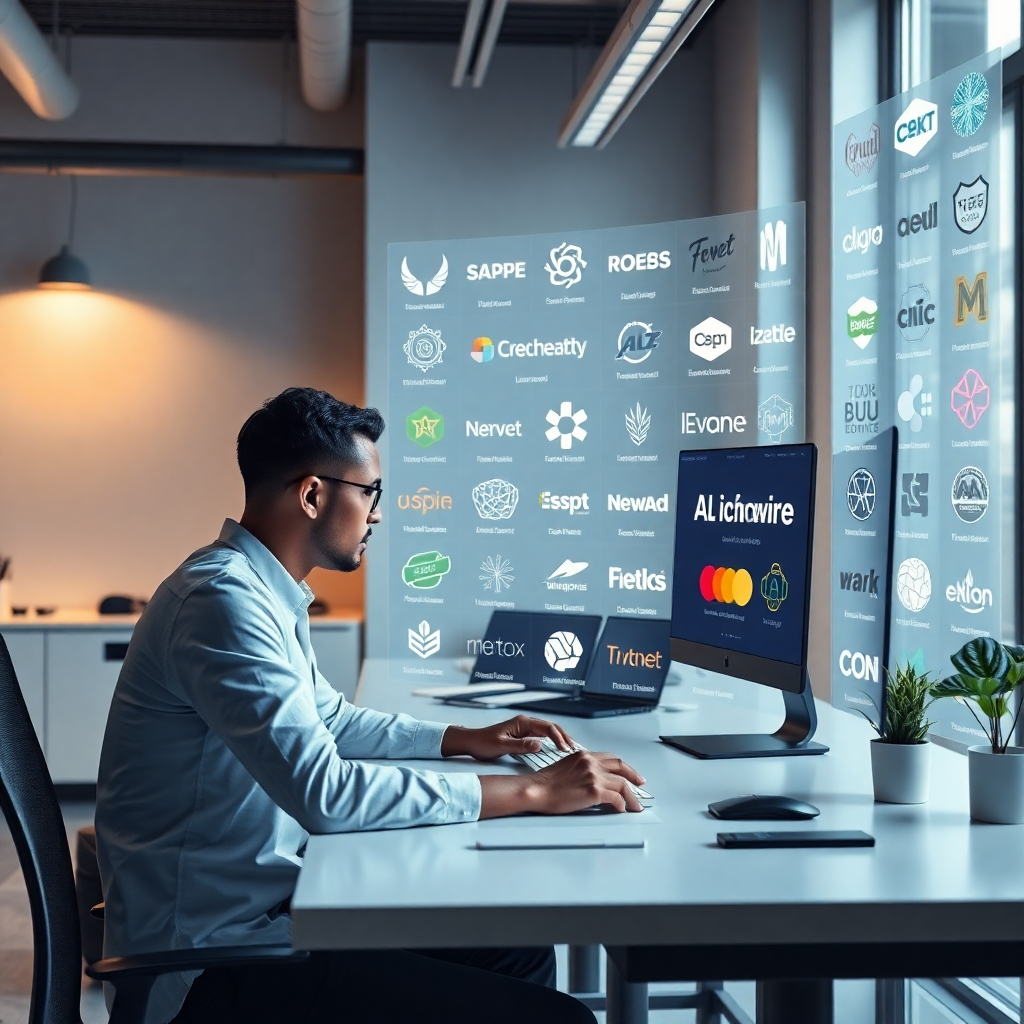 A photorealistic image depicting a clean, modern workspace with a designer using a sleek AI software interface to generate a multitude of logo variations from a simple text input.  The logos should be diverse in style, ranging from minimalist to intricate. The overall feel should be one of efficiency and creative exploration.