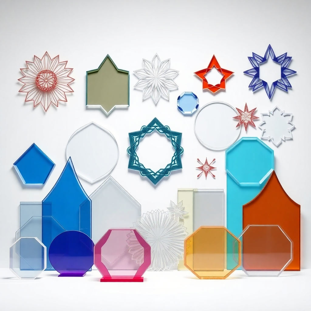 A photorealistic image depicting a diverse array of laser-cut acrylic designs. The image should show a variety of shapes, sizes, colors, and thicknesses of acrylic.  Some designs could be simple geometric shapes, while others could be more complex and intricate.  The image should showcase the versatility of the laser cutting process and its ability to create a wide range of designs. The background should be a clean, neutral color that does not distract from the designs.  The lighting should be even and bright, to highlight the detail and vibrancy of the colors.