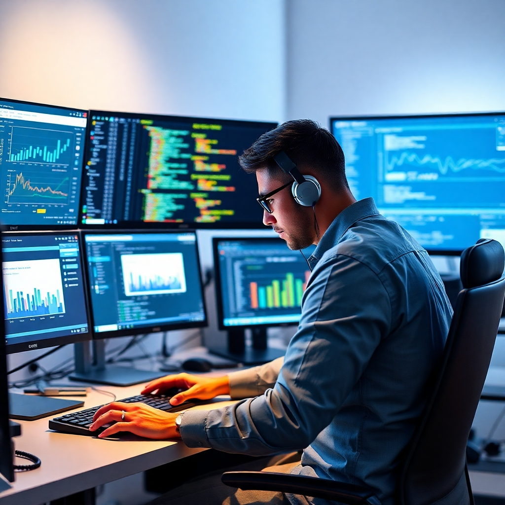 A photorealistic image depicting a skilled web developer working on a computer, surrounded by monitors displaying website analytics, code, and security dashboards. The scene should evoke a sense of technical expertise and ongoing website maintenance and optimization. The workspace should be clean and organized, suggesting efficiency and attention to detail.
