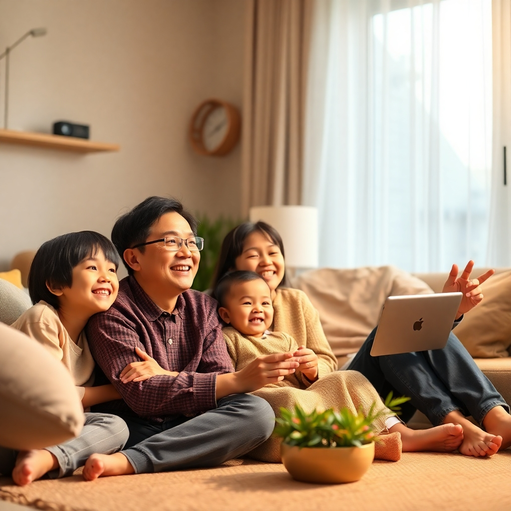 A photorealistic image depicting a happy Thai family enjoying the benefits of their smart home system. The image should convey a sense of happiness, security, and connection. The lighting should be warm and inviting.