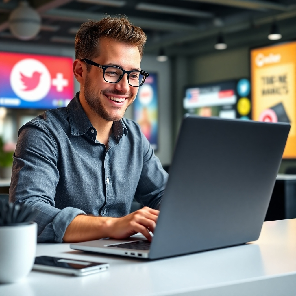A photorealistic image depicting a business owner smiling confidently while looking at a laptop screen showing a graph indicating a significant increase in sales.  The background should subtly feature social media icons and advertising banners, indicating targeted online marketing success. The overall mood should be positive and optimistic, reflecting achievement and growth.