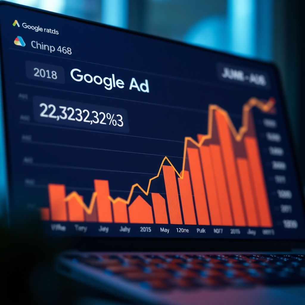 A photorealistic image depicting a Google Ads dashboard displaying positive campaign performance metrics such as high click-through rates and conversions.  The background should subtly show a graph trending upwards. The overall feel is one of data-driven success and positive growth.