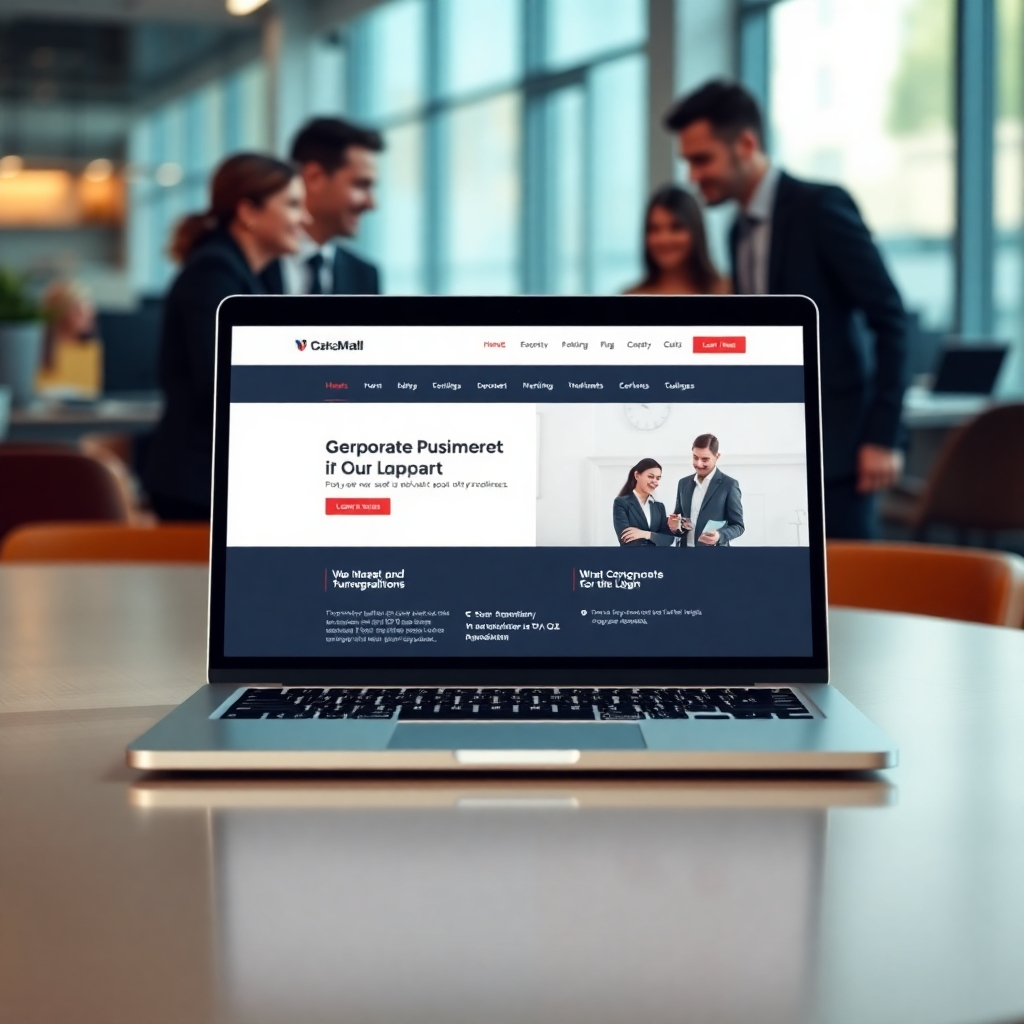 A photorealistic image depicting a modern, clean corporate website displayed on a high-end laptop screen.  In the background, blurred but visible, are images of happy business people collaborating in a modern office setting.  The laptop should be positioned prominently, showcasing the website design, and the overall scene should feel professional and trustworthy.
