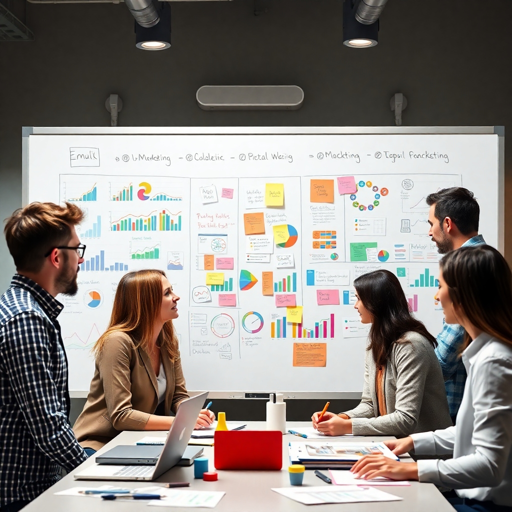 A photorealistic image depicting a diverse team of marketers collaborating around a whiteboard filled with colorful charts, graphs, and strategic planning notes. The image should convey a dynamic and innovative approach to digital marketing, showcasing various digital tools and platforms such as social media, search engine optimization (SEO), and email marketing.