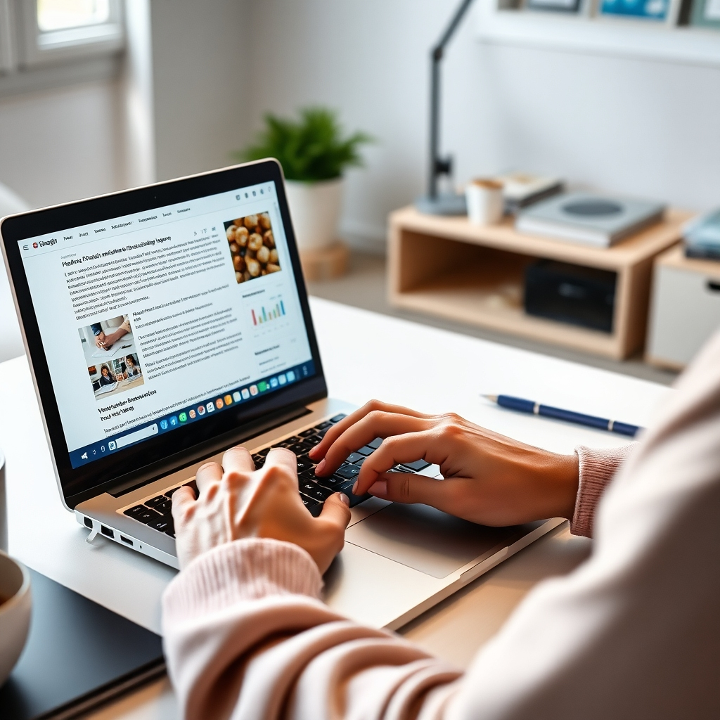 A photorealistic image depicting a blogger meticulously crafting a blog post on a laptop. The screen displays a well-structured article with engaging visuals, data graphs, and clear headings. The surrounding environment should be clean and organized, emphasizing professionalism and focus.