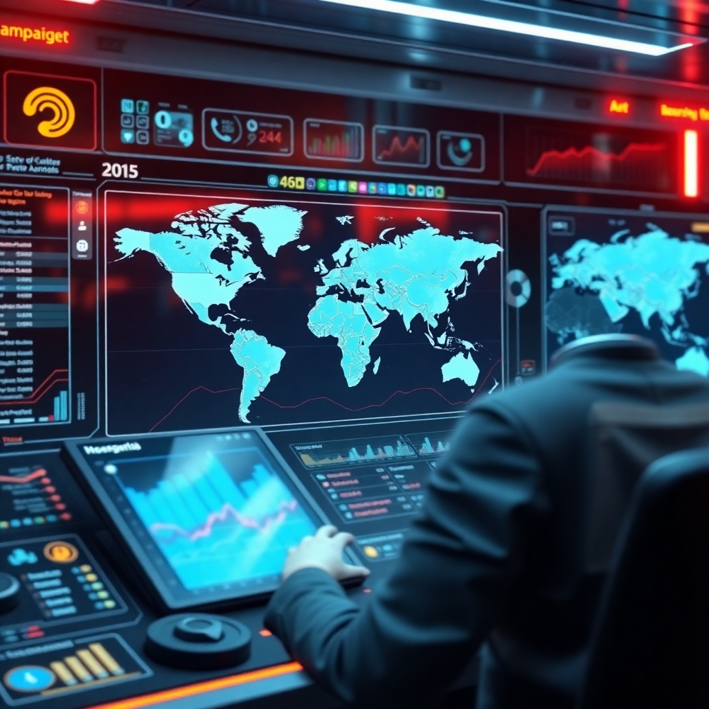 A photorealistic image depicting a futuristic control panel displaying geographical data overlaid with customer demographics, with targeted ad campaigns being launched towards specific regions. The interface should be sleek and modern, showing real-time data visualizations, and a subtle AI interface element present.