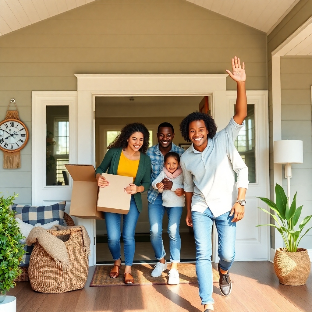A photorealistic image depicting a family happily moving into their new home. The image should showcase a sense of excitement and accomplishment. The house should be attractively staged, conveying a feeling of warmth and comfort.  The family should be diverse and smiling, representing the inclusivity of homeownership. The image should have a bright and happy atmosphere.