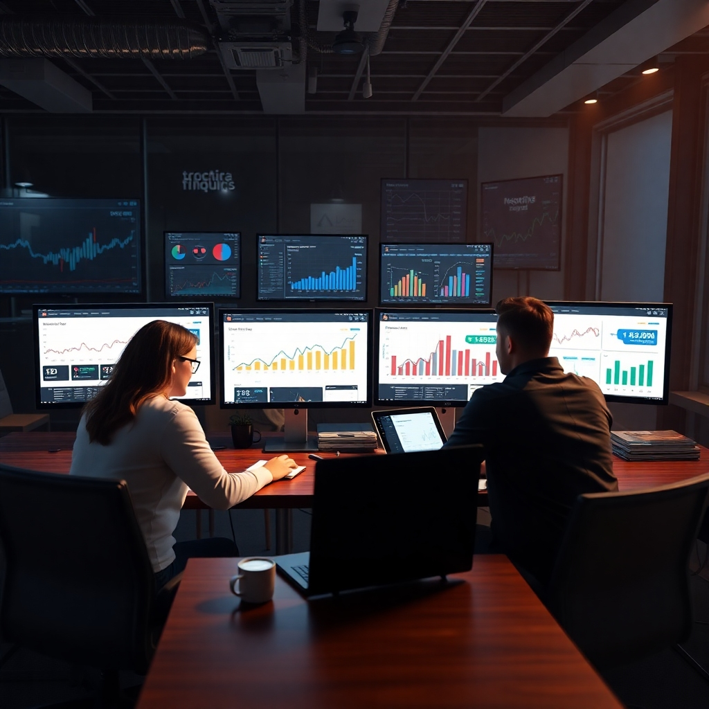 A photorealistic image depicting a team of marketers collaborating around a table, analyzing data on multiple computer screens displaying graphs and charts representing website traffic, sales conversions, and social media engagement. The atmosphere should be dynamic and collaborative.