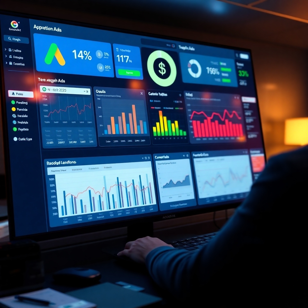 A photorealistic image depicting a sophisticated digital marketing dashboard displaying targeted online advertising campaigns across various platforms such as Google Ads and Facebook Ads.  Data visualizations should clearly show campaign performance metrics, such as click-through rates (CTR), conversion rates, and cost-per-acquisition (CPA). The aesthetic should be sleek and professional, emphasizing data-driven decision-making.