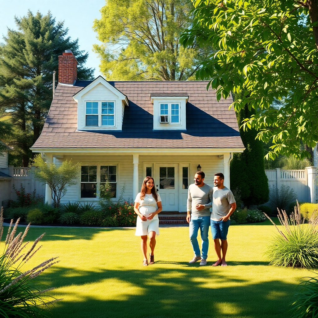 A photorealistic image depicting a family happily residing in a beautiful, well-maintained home, with a sun-drenched yard and lush greenery surrounding it.  The image should convey a feeling of long-term security, comfort, and financial success.  Use warm colors and natural lighting to emphasize the feeling of home and family.