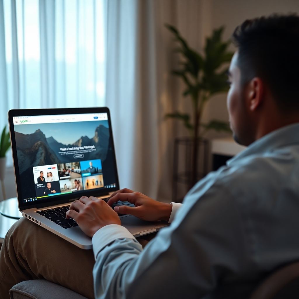 A photorealistic image depicting a person sitting in front of a laptop, effortlessly creating stunning website visuals and content using AI tools. The scene should convey a sense of ease and efficiency.  The laptop screen should display an AI interface generating images and text, with a preview of a beautifully designed website in the background.