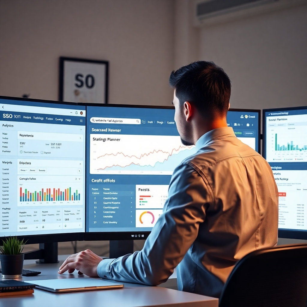 A photorealistic image depicting a person working on a large screen displaying various SEO analytics tools like Google Keyword Planner, Ahrefs, or Semrush. The screen should show data like keyword search volume, competition, and difficulty. The person should look focused and professional, surrounded by a clean and organized workspace. The mood should be one of strategic analysis and data-driven decision-making for effective SEO implementation.