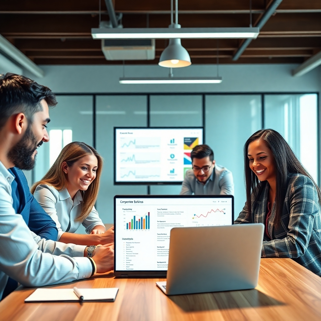 A photorealistic image depicting a diverse group of professionals collaborating around a table, looking at a laptop displaying a corporate website with interactive elements like charts, graphs, and customer testimonials. The atmosphere should be dynamic and positive, emphasizing teamwork and communication.  The website should showcase clear and concise information.