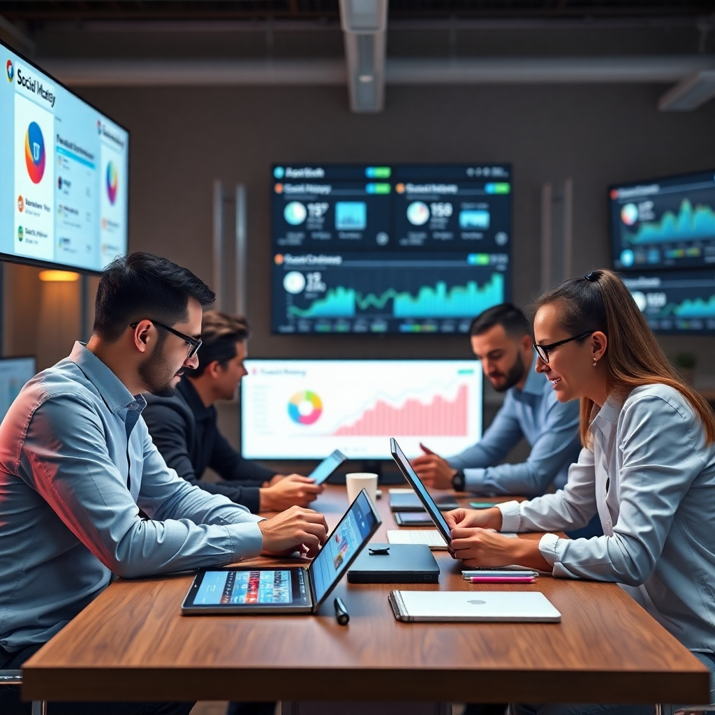A photorealistic image depicting a team of social media marketers collaborating around a table, using multiple devices to monitor social media analytics. The background should showcase several screens displaying positive social media engagement metrics like likes, shares, and comments. The overall feel should be dynamic, innovative and collaborative; emphasize the use of data-driven insights in the process.