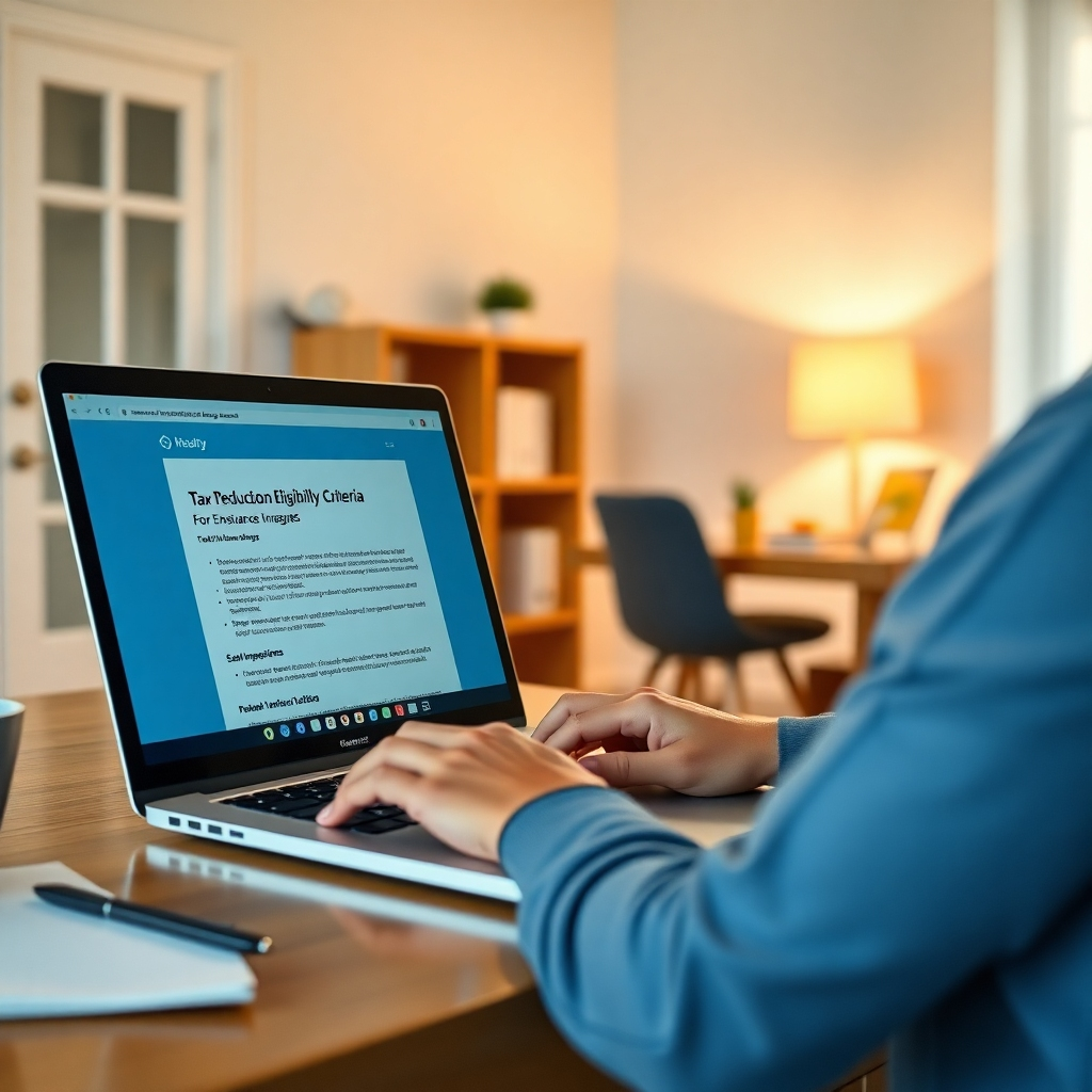 A photorealistic image depicting a person using a laptop to research tax deduction eligibility criteria for health insurance. The screen should clearly display relevant information from the tax agency website. The background should showcase a well-lit home office, promoting a sense of diligence and careful research.