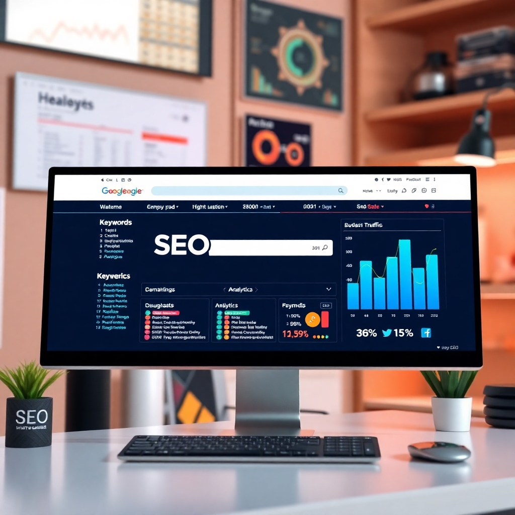 A photorealistic image depicting a computer screen displaying a website with high search engine ranking. The background should include elements showcasing keywords, SEO tools, analytics dashboards, and charts illustrating increased website traffic. The overall mood should feel professional and data-driven, signifying success in SEO optimization.