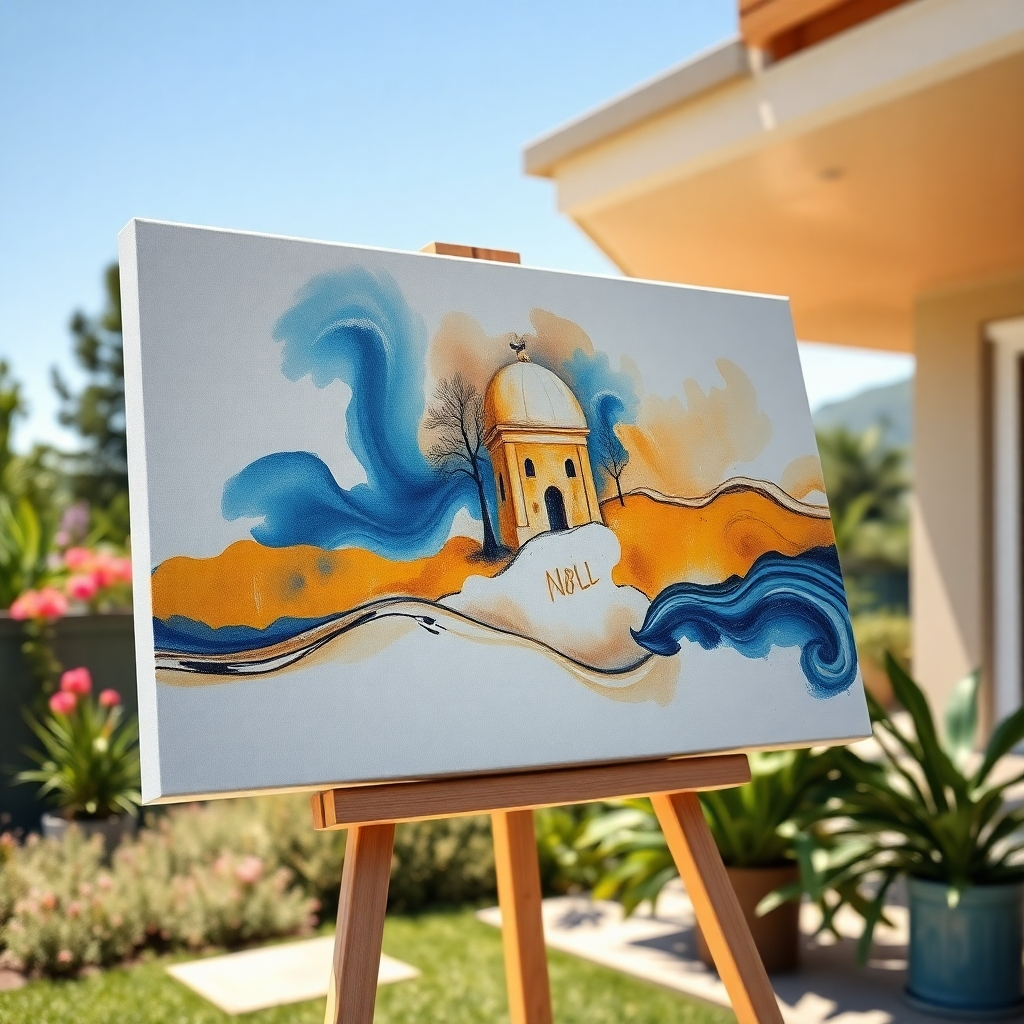 A photorealistic image depicting a digital art print on canvas, displayed outdoors in bright sunlight. The image should showcase the print's resistance to fading and weathering. The background could be a sunny garden or a bright outdoor space, emphasizing the longevity of the print's colors and quality. Show some texture of the canvas.