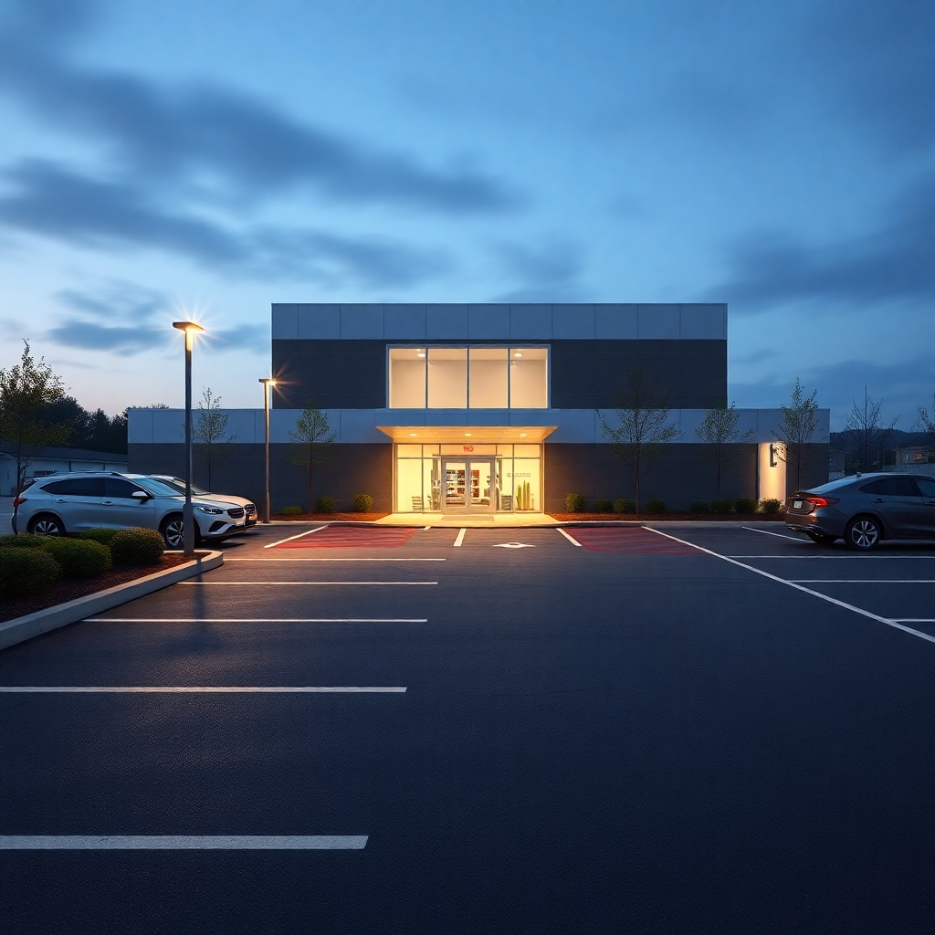 A photorealistic image depicting a well-lit, spacious parking area adjacent to a modern medical clinic.  The parking lot should be clearly marked with appropriate signage and ample space for vehicles. The clinic building should be visible in the background, showcasing its clean and modern design. The image should convey a sense of ease and convenience for patients arriving by car.