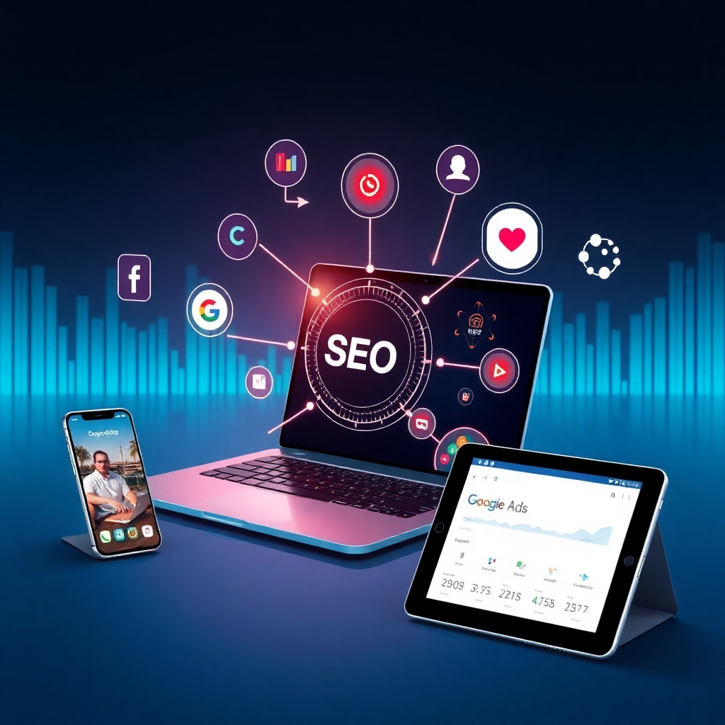 A photorealistic image depicting a seamless integration of various digital marketing channels.  Imagine a central hub visually connecting elements like a laptop displaying SEO keywords, a smartphone showcasing social media engagement, and a tablet showing Google Ads campaign performance. The overall style should be sleek and modern, illustrating the synergy between different digital platforms.