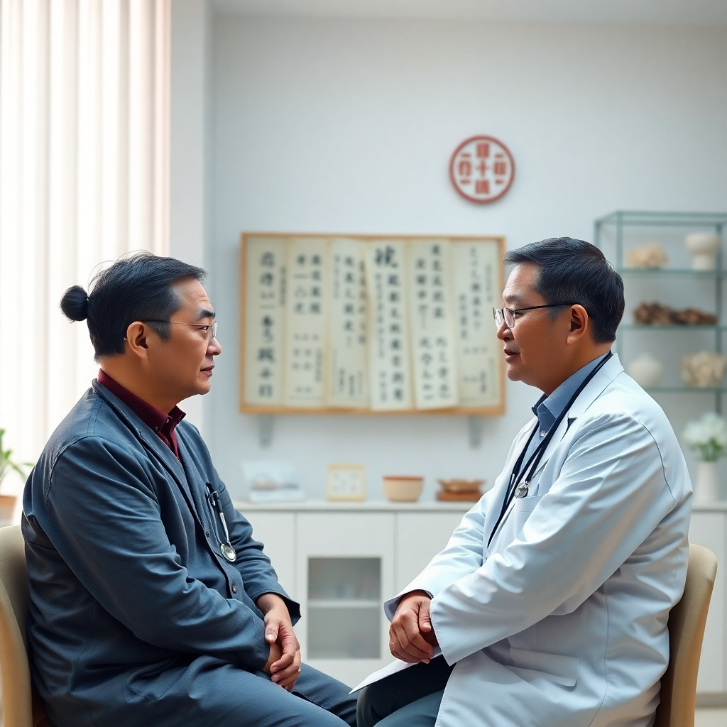 A photorealistic image depicting a consultation between a doctor and patient in a clean, bright TCM clinic. The doctor should be attentively listening to the patient, while traditional Chinese medicine texts and herbs are subtly visible in the background, emphasizing a personalized and holistic approach.