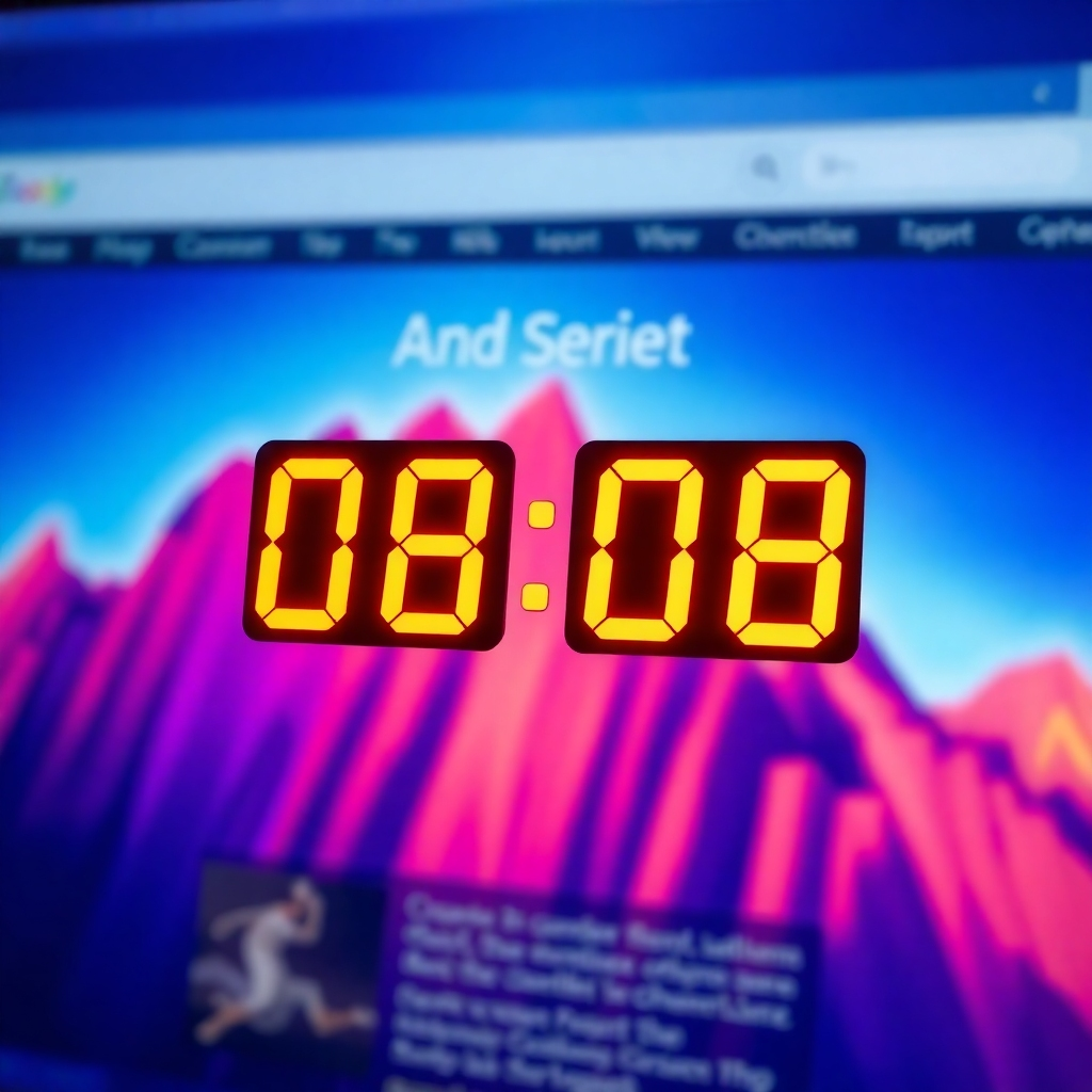 A photorealistic image depicting a countdown timer superimposed over a background showcasing the website interface. The composition should emphasize urgency. The lighting should be dynamic and energetic. The color palette should include vibrant and dynamic colors. The camera angle should be focused, emphasizing the countdown timer. Technical specs: 4K resolution