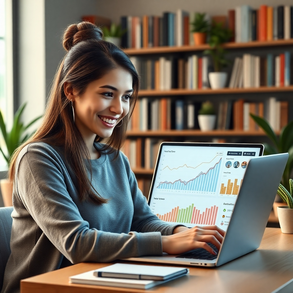 A photorealistic image depicting a young woman smiling confidently while looking at her laptop screen, which displays various social media analytics and website traffic data showing a positive upward trend. The background should subtly show bookshelves filled with books and plants, indicating an online bookstore setting. The overall mood should be positive and successful.