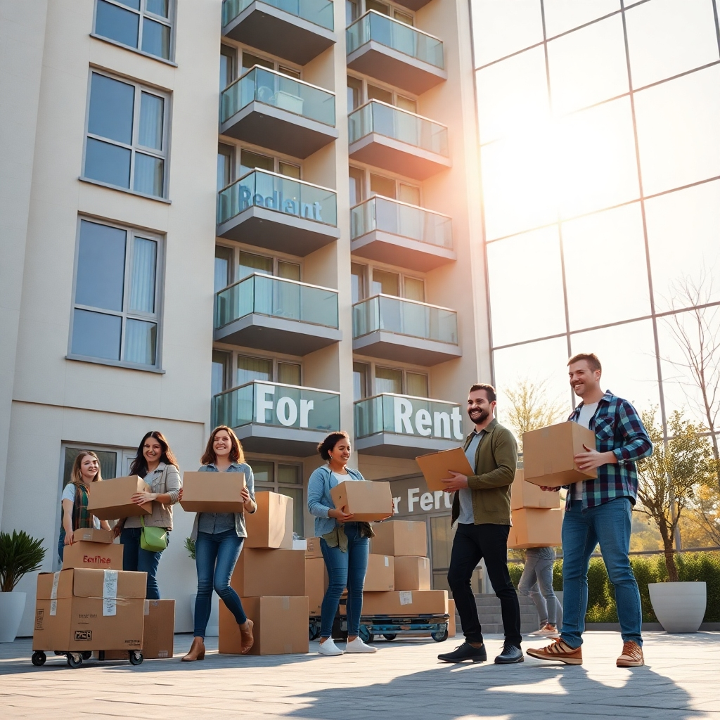 A photorealistic image depicting a modern apartment building with a large 'For Rent' sign, showcasing happy tenants moving in with boxes and smiling faces, bright sunlight streaming through large windows, conveying a sense of efficiency and ease of the renting process