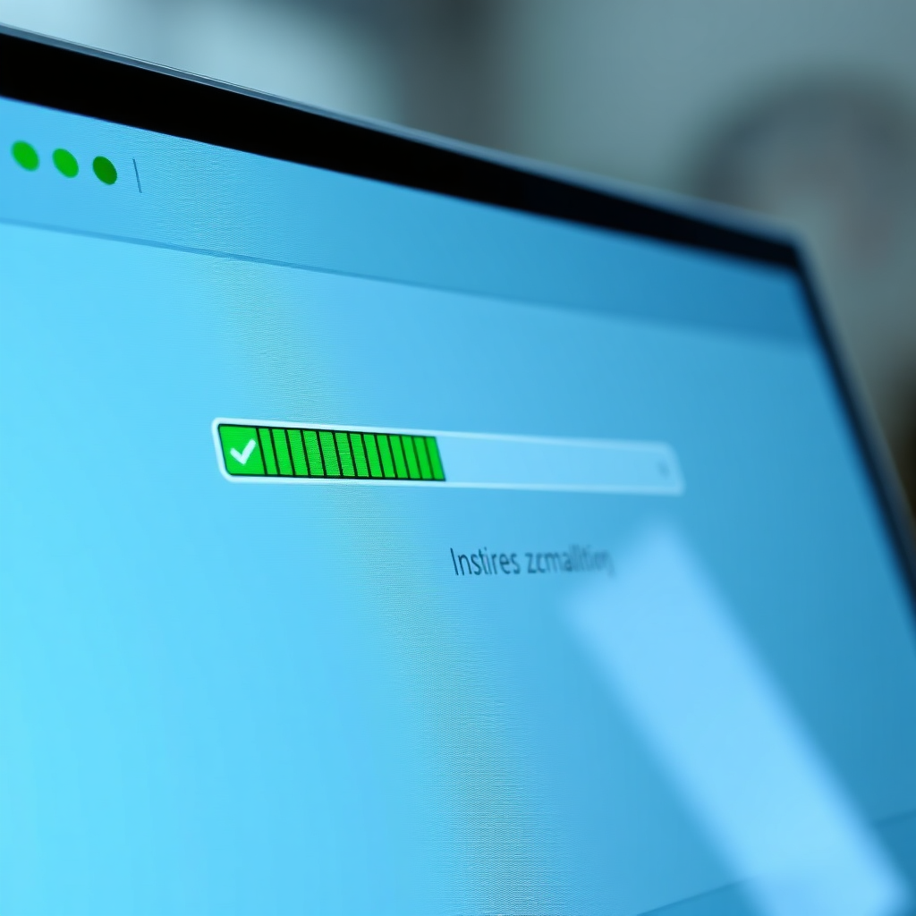 A photorealistic image depicting a seamless installation process of the ZmartDigit plugin onto a website. A progress bar is shown completing, with checkmarks and positive visual cues. The website's interface is clean and modern. The color palette is calm and efficient, dominated by blues and greens. The lighting is bright and focused, emphasizing the ease of use. Camera angle is a close-up on the installation process. The style is clean and modern.