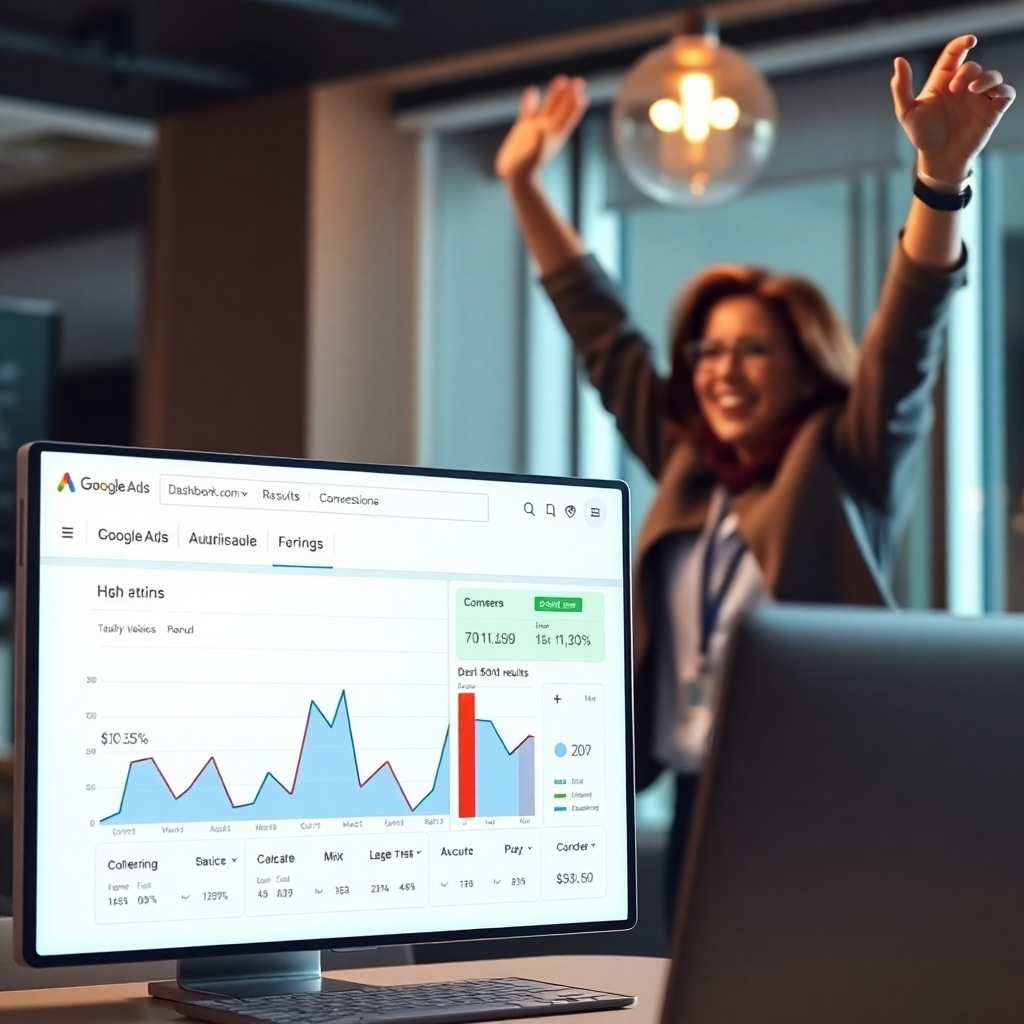 A photorealistic image depicting a Google Ads dashboard displaying positive campaign results such as high click-through rates and conversions. The background could show a business professional celebrating success.