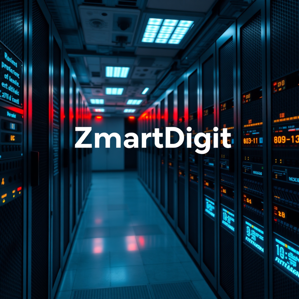 A photorealistic image depicting a secure server room with blinking lights and digital displays, representing the ongoing maintenance and updates of the ZmartDigit plugin. The scene conveys a sense of security and reliability. The color palette is cool and professional, dominated by blues and grays. The lighting is dim and focused, emphasizing the technical aspects of the service. The camera angle is a wide shot, capturing the scale and complexity of the server room. Style is modern technology.