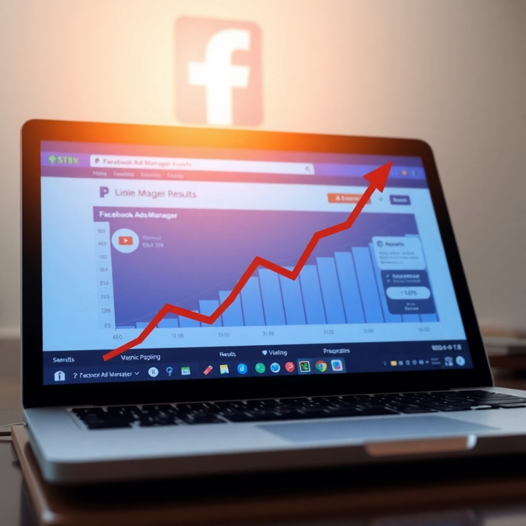 A photorealistic image depicting a graph showing significant upward growth, overlaid on a laptop screen displaying Facebook Ads Manager.  The background should subtly feature the Facebook logo.  The overall impression should be one of success and measurable results. High-resolution, detailed image.