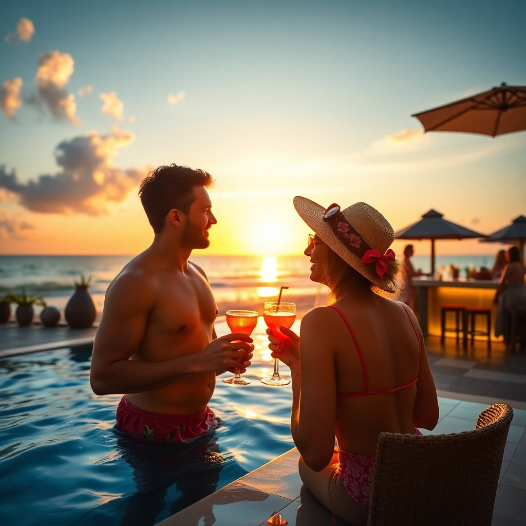 A photorealistic image depicting a person enjoying the lifestyle of owning a beachfront property in Pattaya. This could involve scenes of swimming in the ocean, relaxing by the pool, enjoying a sunset cocktail at a beachfront bar, or socializing with friends in a luxurious condo setting. The image should be vibrant, lively, and highlight the overall experience and enjoyment of living in this desirable location.