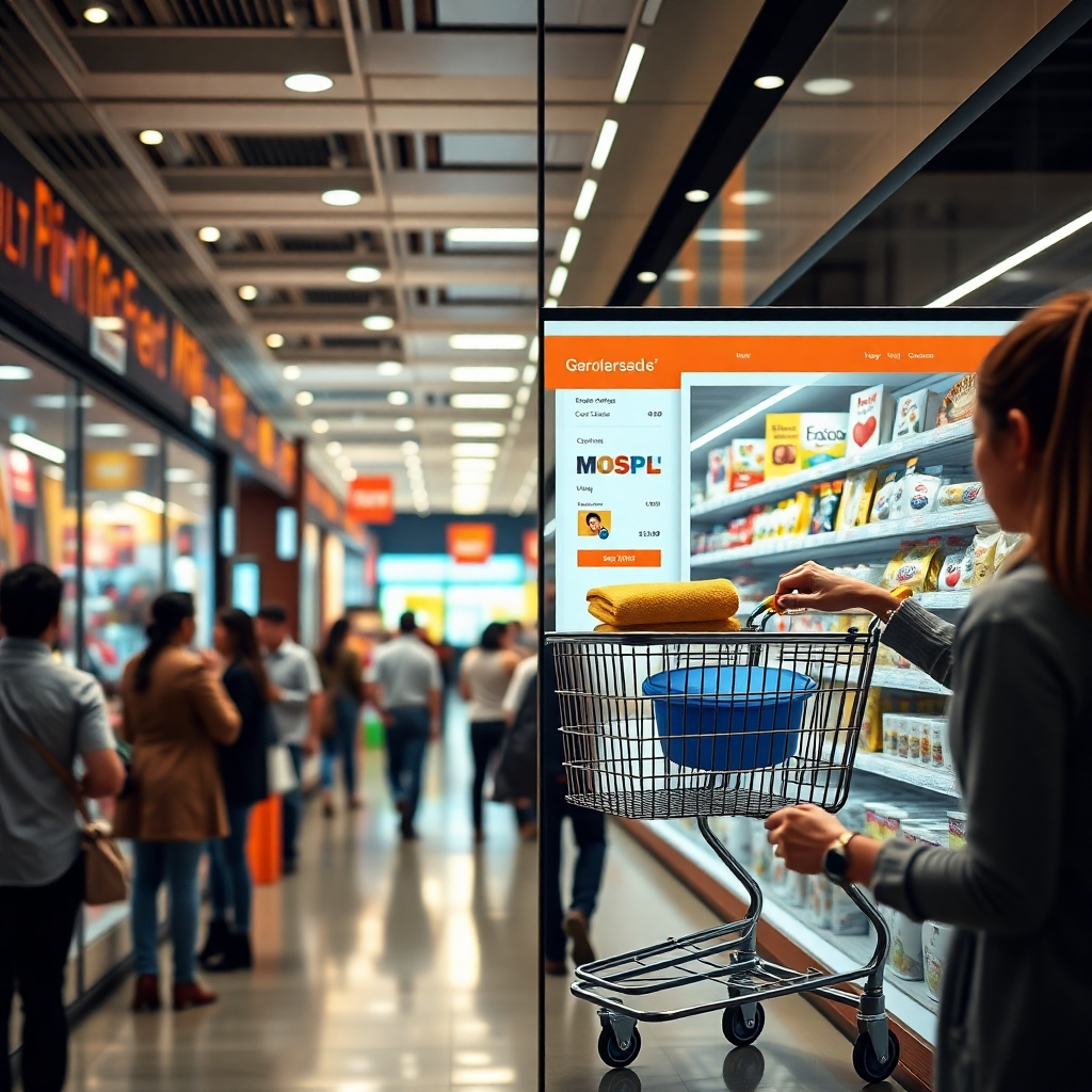  A photorealistic image depicting a split screen: one side shows a bustling physical store with customers, and the other side shows a vibrant online store interface with a shopping cart full of items and a customer completing a purchase. Both sides should be equally emphasized, showing the synergy of online and offline sales.