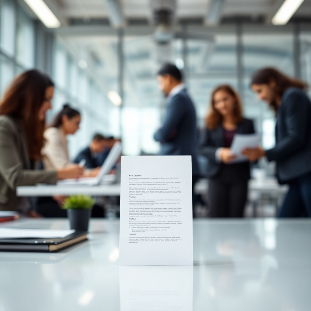  A photorealistic image depicting blurred figures of people working diligently in a modern office environment, while in the foreground, a crystal-clear focus is on a single, strategically placed document symbolizing the handled paperwork. The background conveys business activity, while the foreground represents peace of mind. The lighting is bright and hopeful, symbolizing business opportunities. Camera angle is a medium shot, contrasting blurred and sharp focus.