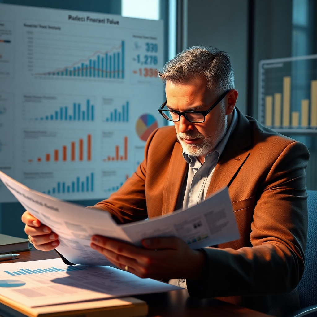 A photorealistic image depicting a serious-looking professional meticulously reviewing property documents and financial reports, with graphs and charts illustrating market trends and property values visible in the background. The overall mood should be one of focused concentration and careful analysis, conveying the importance of due diligence in real estate investment.