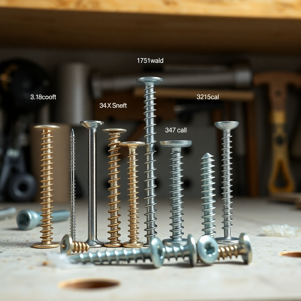 A photorealistic image depicting various types of nails and screws suitable for hanging picture frames on different wall types (e.g., drywall, concrete). The image should highlight the differences in size and material, with clear labels identifying each type.  The background should be a clean workbench or tool kit.