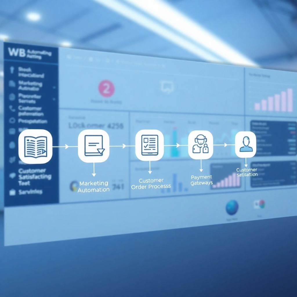 A photorealistic image depicting an automated workflow. Visualize a flowchart with icons representing e-book uploads, marketing automation, customer order processing, payment gateways, and customer support. The background could feature a clean, modern dashboard with key performance indicators (KPIs) showcasing sales growth and customer satisfaction. The style should be sleek and professional.