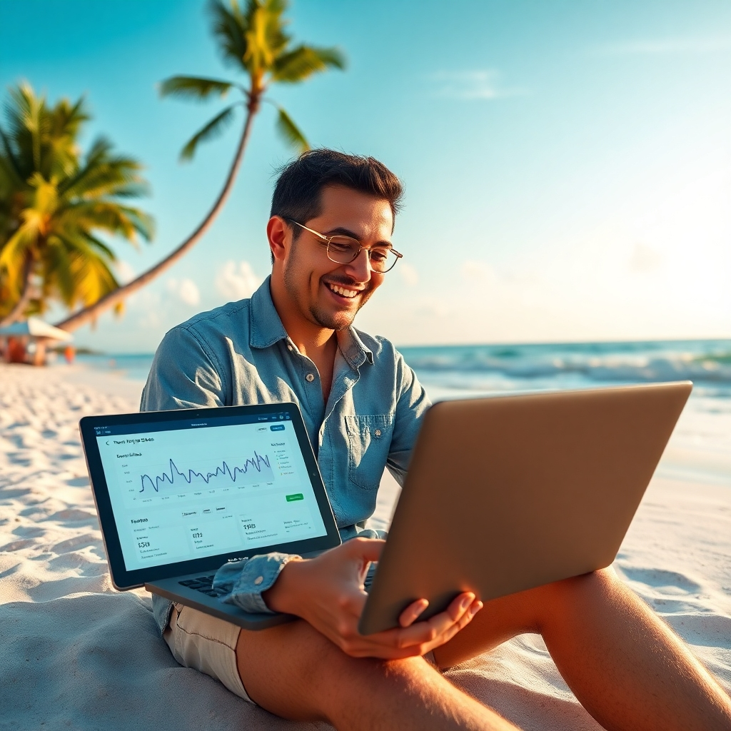 A photorealistic image depicting a person working on a laptop on a tropical beach. They are smiling and relaxed, looking at the ocean, with a tablet showing website analytics in the background, suggesting successful online sales. The overall feeling should be freedom, flexibility and success.
