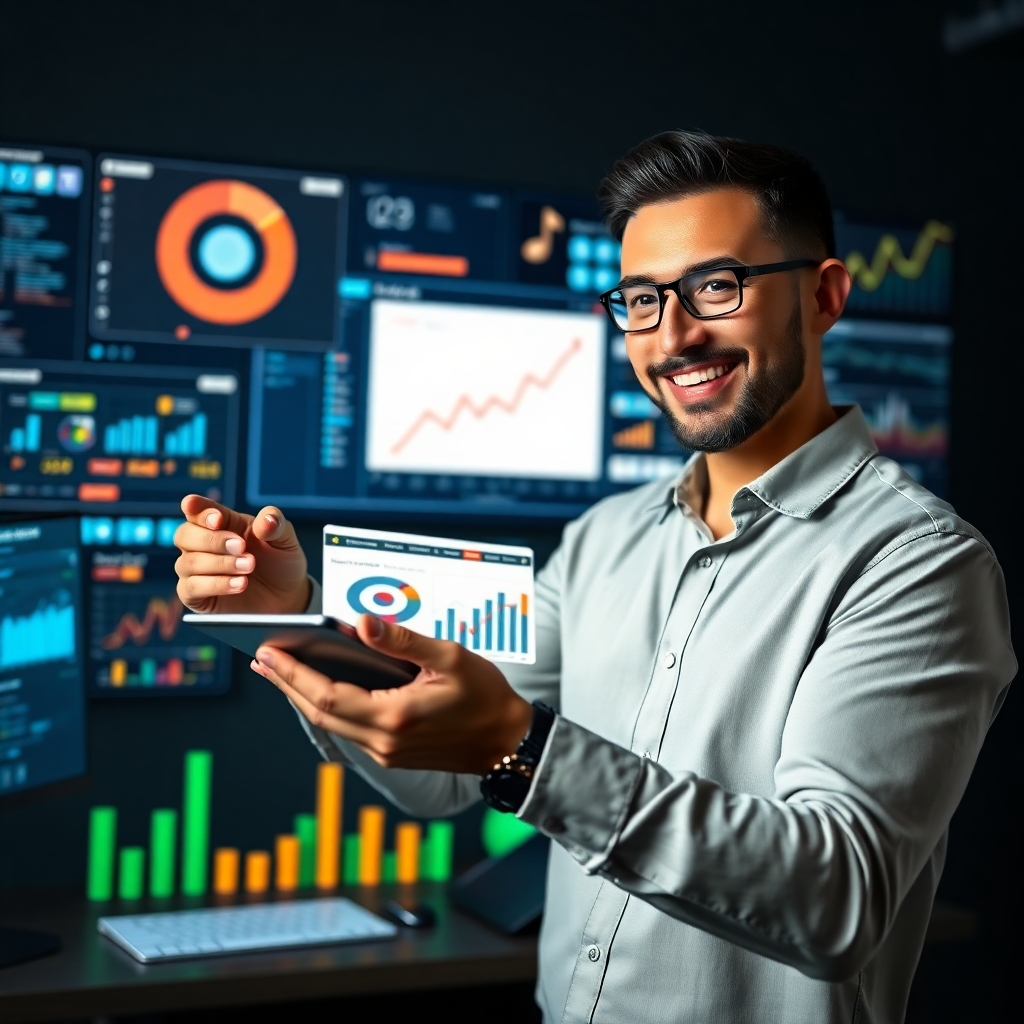 A photorealistic image depicting a person confidently presenting a business plan related to AI music creation on a tablet. The background should feature various AI music creation tools and software interfaces. Charts and graphs demonstrating financial growth should also be visible.