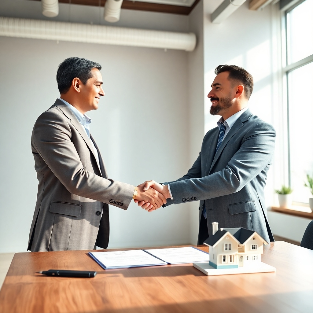 A photorealistic image depicting a real estate agent and a client shaking hands in a modern, well-lit office setting, with legal documents and a house model visible on a nearby table.  The background is neutral and professional. The mood should convey trust, success, and a mutually beneficial agreement.
