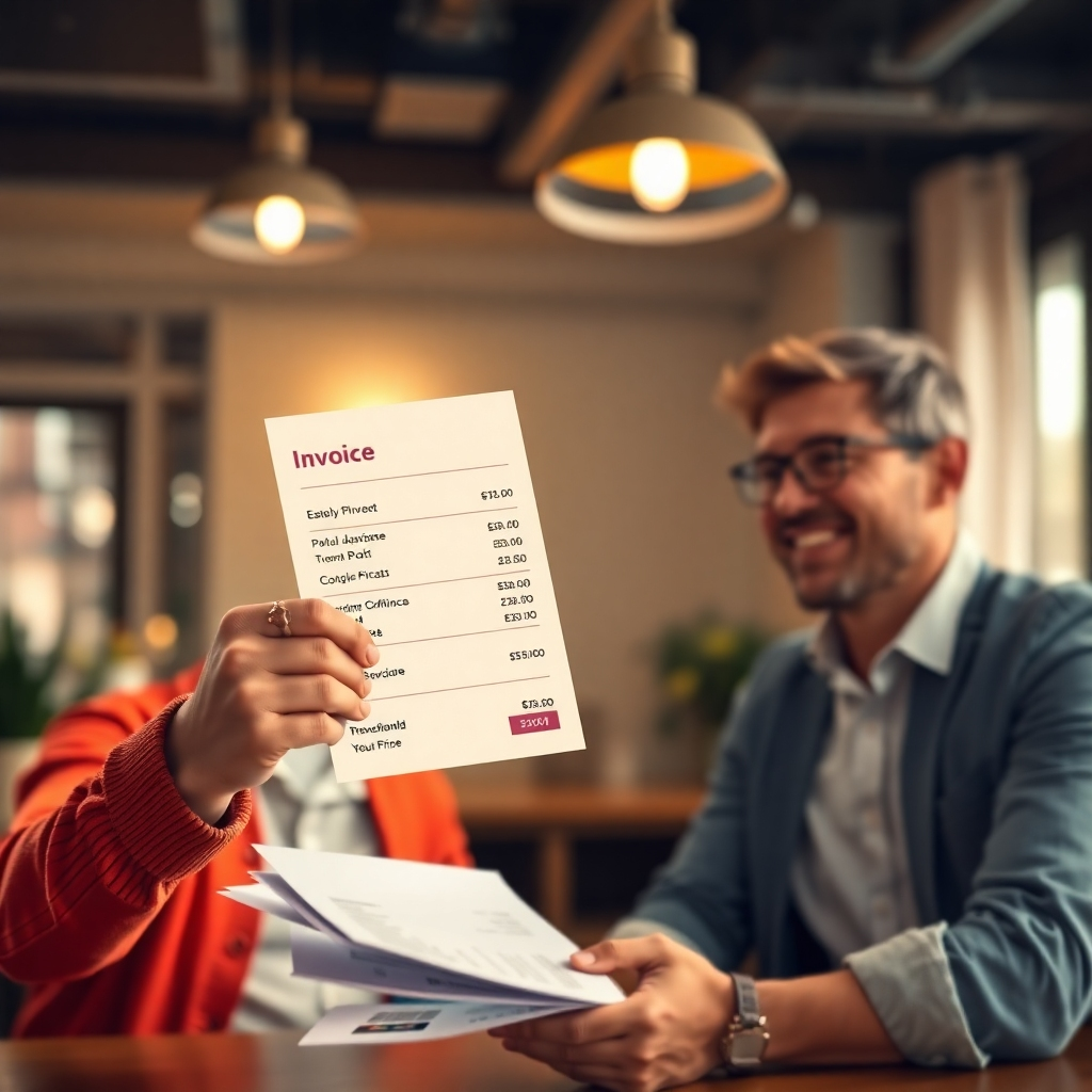 A photorealistic image depicting a transparent pricing structure or a satisfied client receiving an invoice. The image should feature clear and easily understandable pricing information, avoiding any complicated jargon. The overall image should convey a sense of fairness and trustworthiness, emphasizing the value and affordability of the services offered.