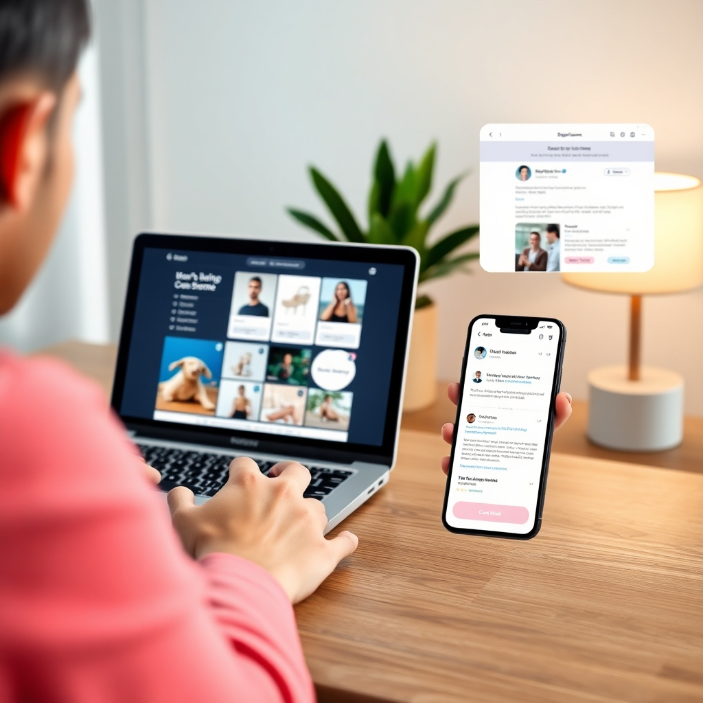 A photorealistic image depicting a seamless customer journey across multiple online platforms. Show a person using a laptop to browse an e-commerce website, then transitioning to interacting with the business through a social media app on their phone, followed by receiving a personalized email confirmation of their purchase. The platforms should include a well-designed website, a vibrant social media feed, and a clean email design. The overall tone should be modern, clean, and professional.
