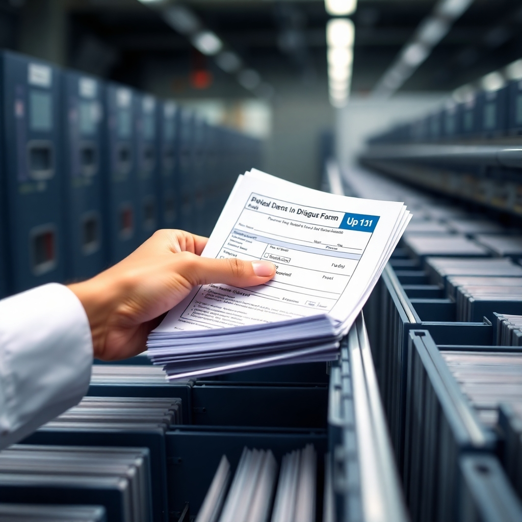  A photorealistic image depicting a hand confidently placing a stack of meticulously organized documents (work permit, driver's license, 90-day reporting form) into a streamlined filing system. The background is blurred, suggesting efficiency and speed. The lighting is focused on the hand and documents, creating a sense of importance. The color palette is clean and professional, with shades of blue, white, and gray. Camera angle is a close-up, emphasizing the precision and care taken with the documents.