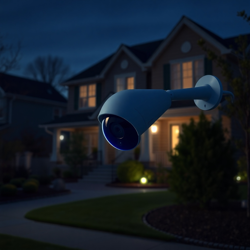 A photorealistic image depicting a smart security camera discreetly monitoring a suburban house at night. The camera should be sleek and modern, with a subtle blue glow. The image should convey a sense of security and peace of mind, with the camera as a silent guardian. Focus on realistic lighting conditions, with shadows and highlights creating depth and dimension.