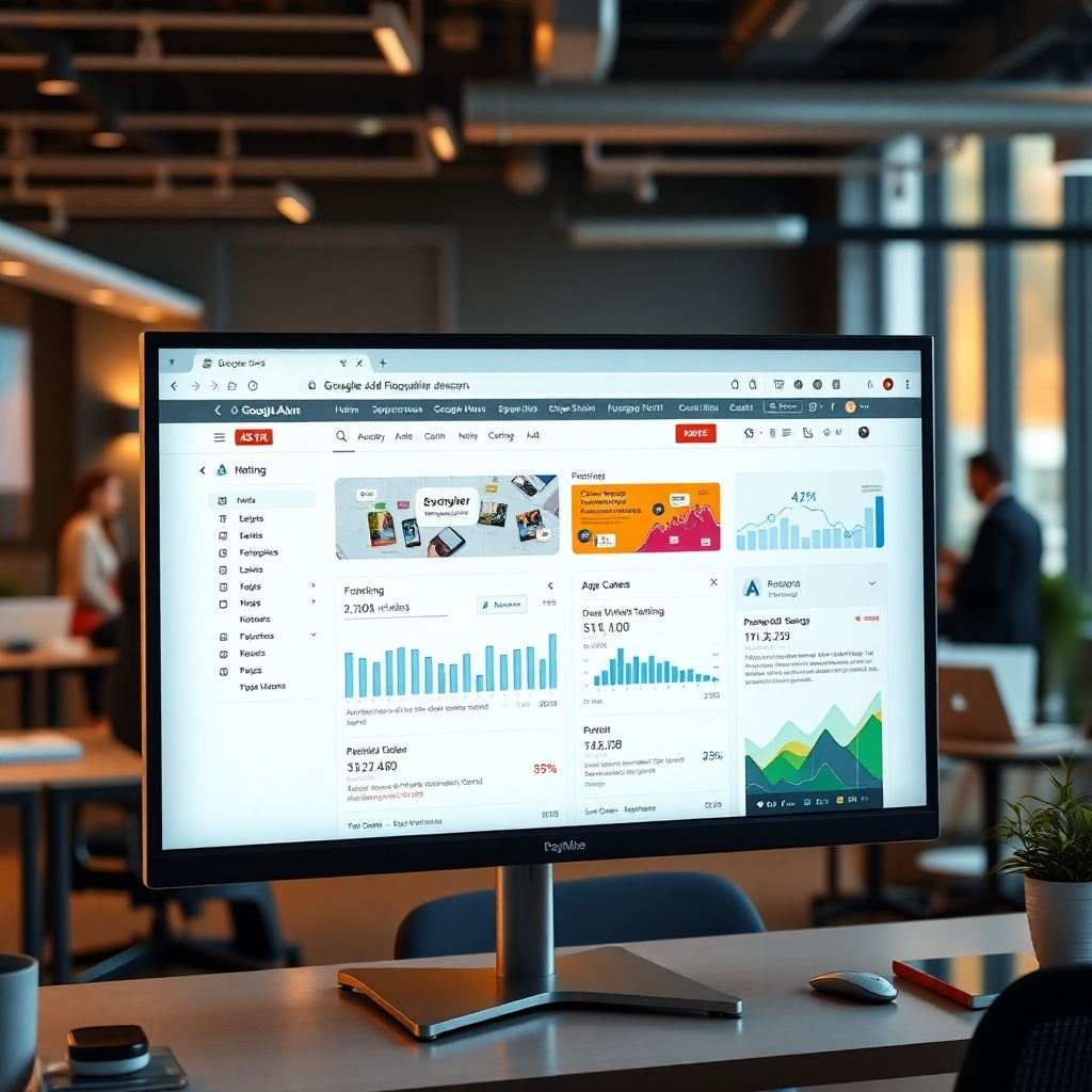 A photorealistic image depicting a modern, responsive website design on a large monitor, alongside a Google Ads campaign interface showing positive performance metrics and keyword targeting.  The background should subtly feature a bustling office environment suggesting a successful business. The overall mood should be professional and optimistic.