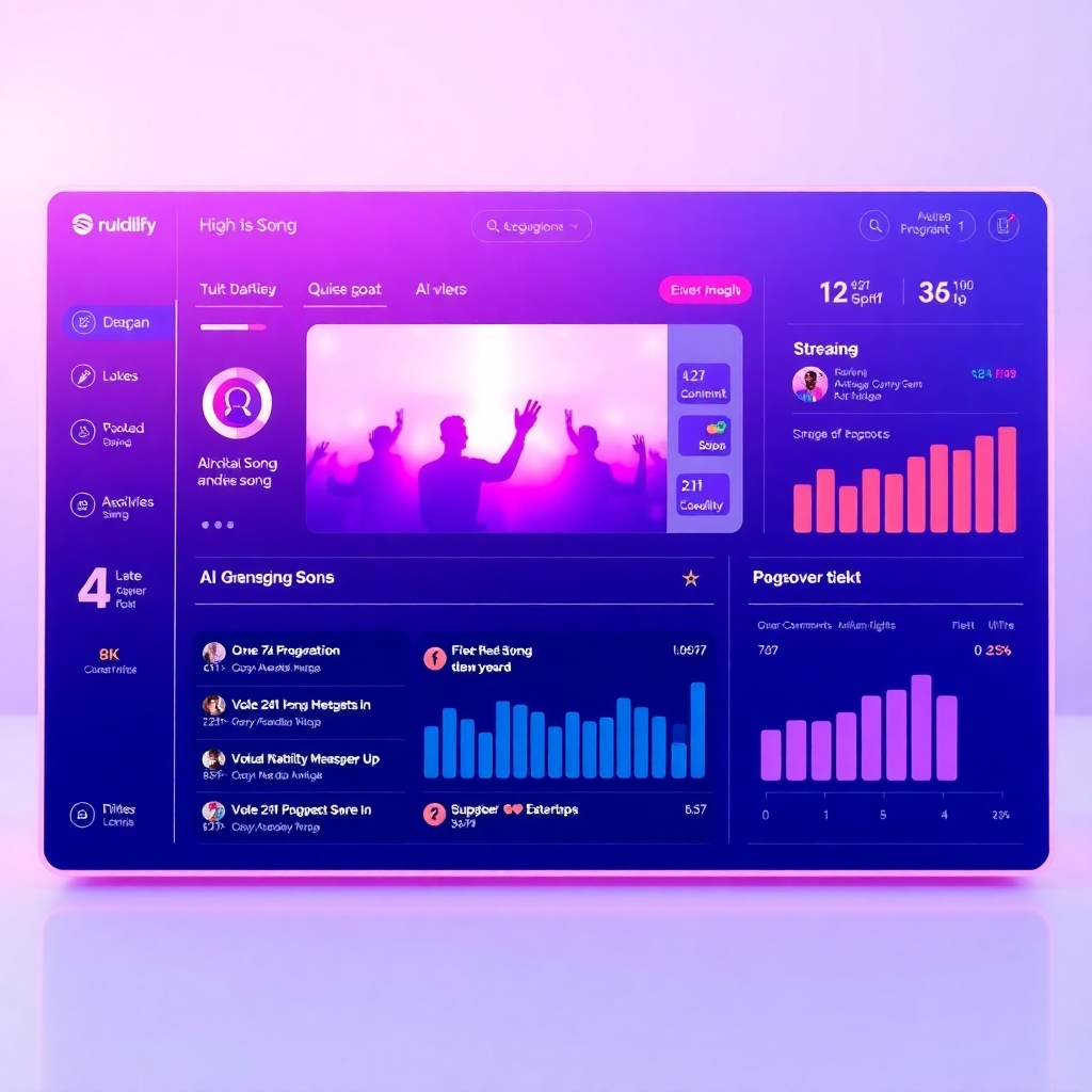 A photorealistic image depicting a vibrant social media dashboard showcasing high engagement on a post about an AI-generated song. The dashboard shows various metrics like likes, comments, shares, and streams, alongside positive comments from users. The overall style should be clean, modern, and visually appealing, highlighting successful online marketing.