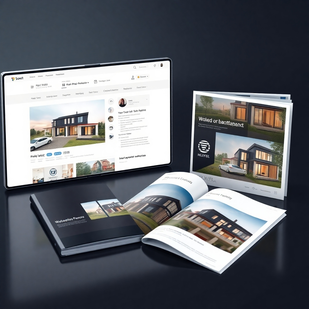 A photorealistic image depicting various marketing materials for a property: a professional listing on a real estate website, a sleek social media post, and a high-quality brochure.  The image should emphasize the visual appeal and professional presentation of the marketing efforts.