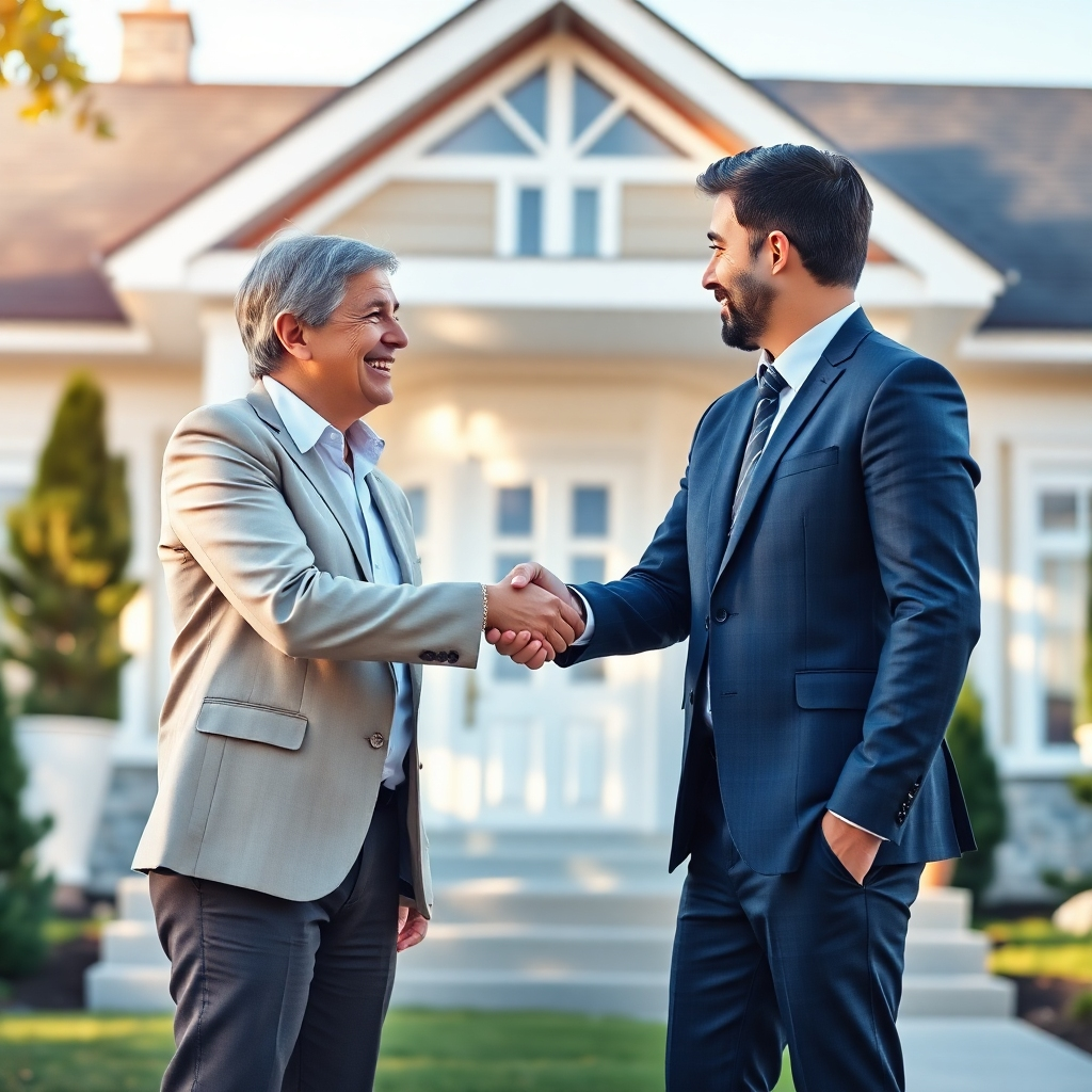 A photorealistic image depicting a successful closing of a real estate deal.  The scene should show a real estate agent shaking hands with a happy client in front of a beautiful home. The background should be bright and cheerful, conveying a sense of accomplishment and mutual satisfaction.
